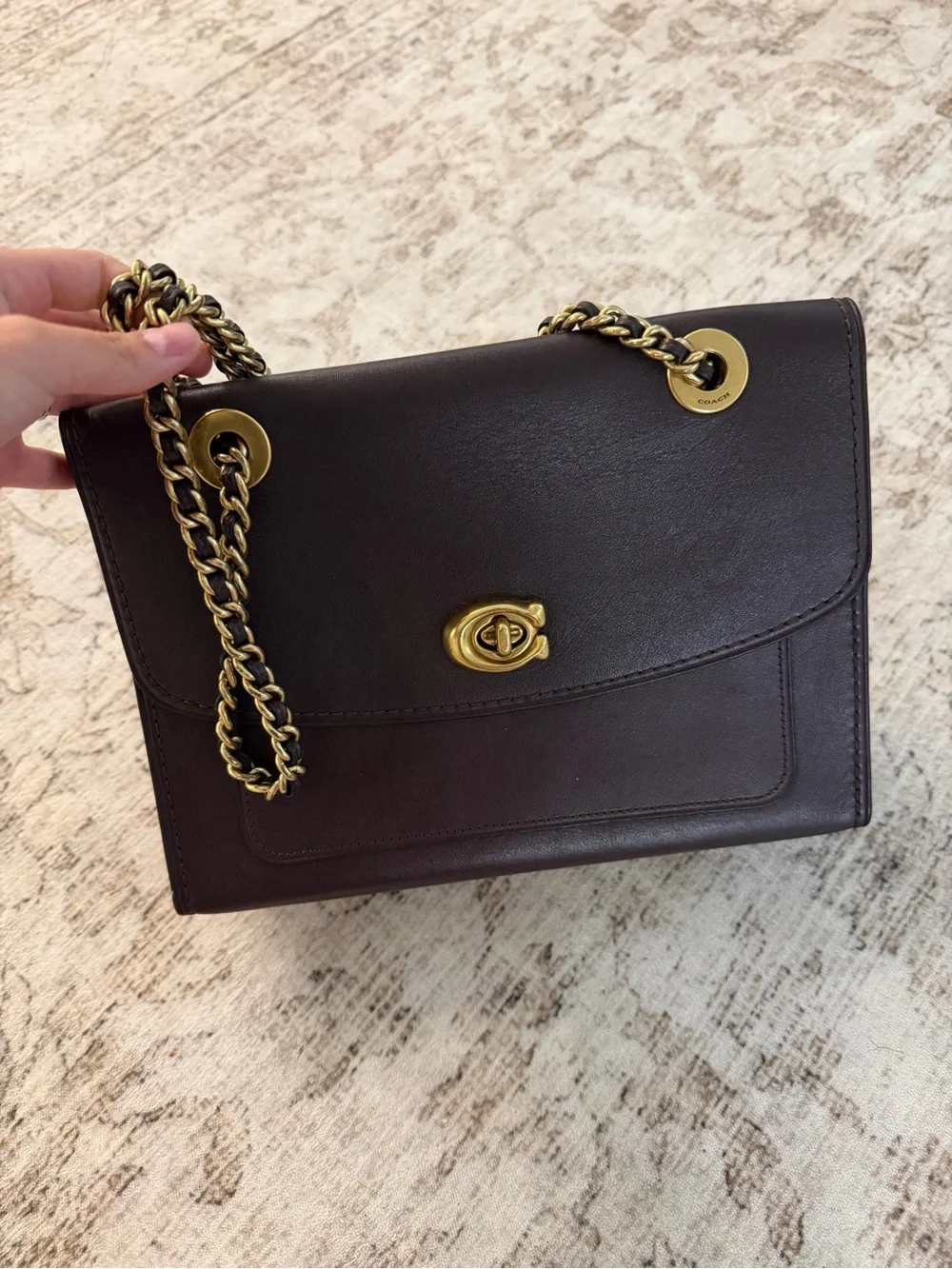 Coach Parker Deep Burgundy Leather Flap Shoulder Bag with Gold Chain